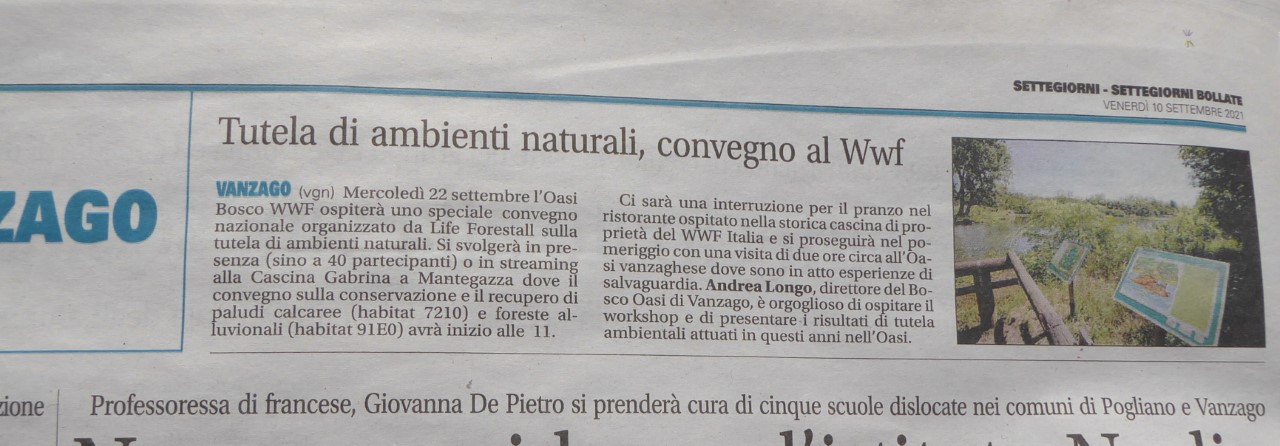 Articolo di stampa locale Settegiorni Bollate del 10 Settembre 2021